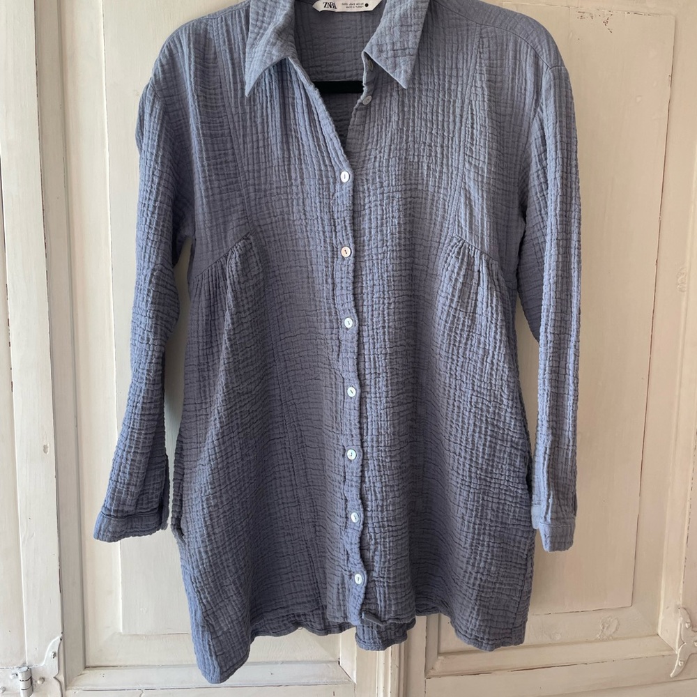 Zara Cotton Gauze Dusty Blue Gray Long Sleeve Button Down Tunic Shirt Oversized